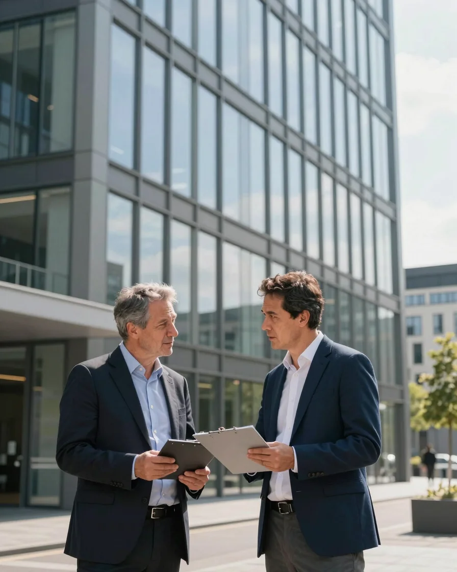 Two executives discussing a project near a glass facade in a modern commercial district in the Rhine-Ruhr area, natural