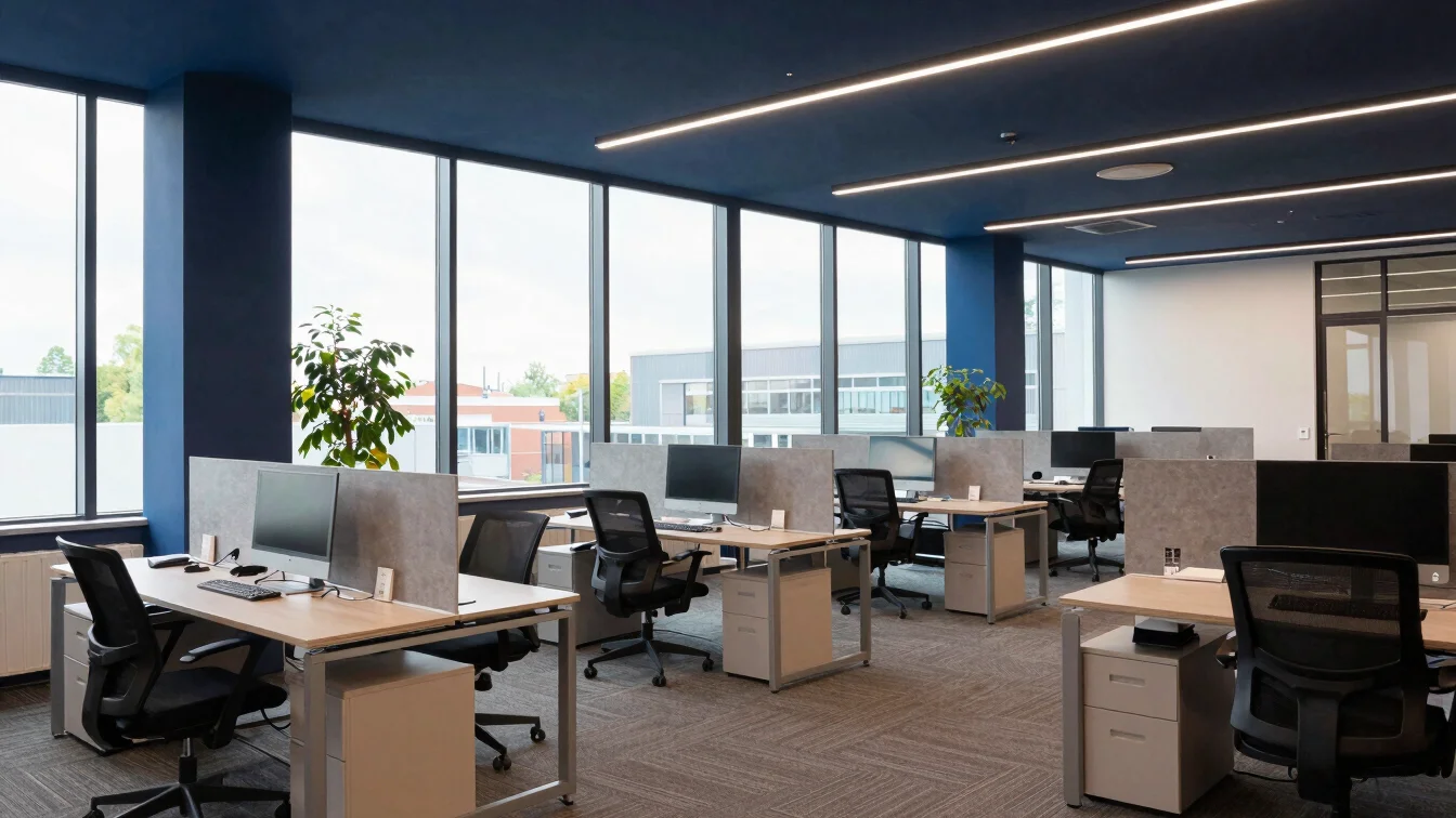 Editorial business photography, modern office interior in the Ruhr region with soft natural daylight, medium format lens