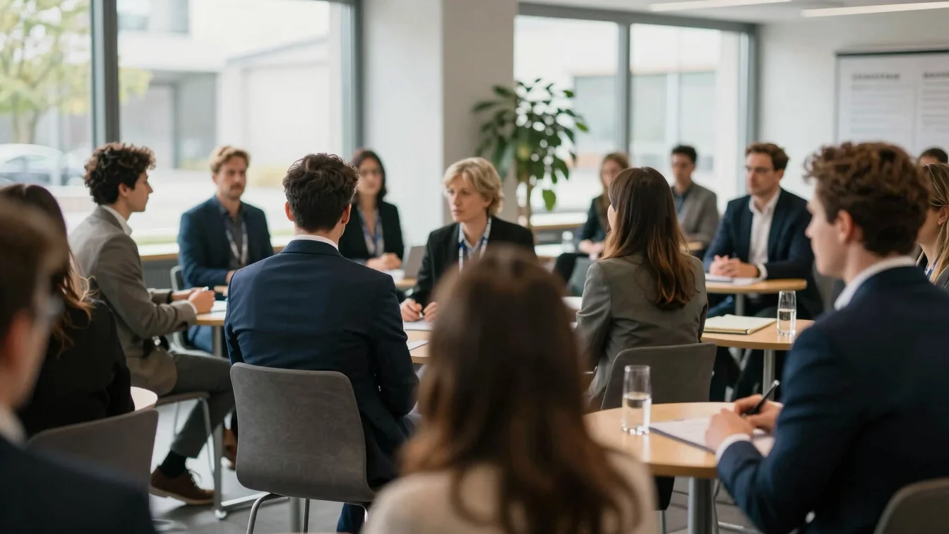 Authentic business networking situation at a modern conference in Germany, soft natural light