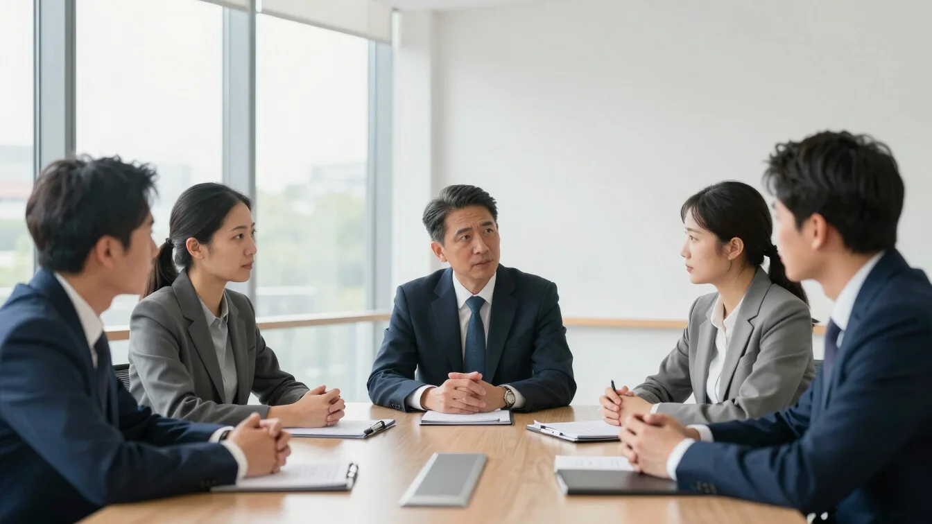 Business executives in a structured discussion at a corporate tab