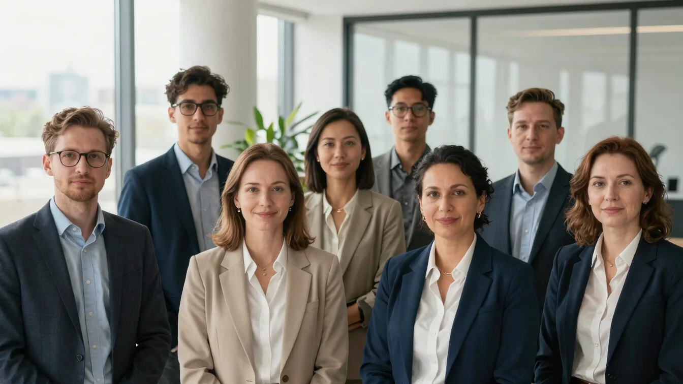 Professional business portrait of a diverse leadership board in a modern office in Bochum, soft natural daylight, medium