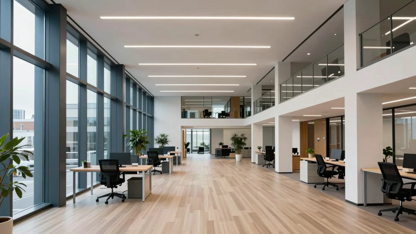 Modern corporate office interior in North Rhine-Westphalia, clean architectural framing, soft daylight