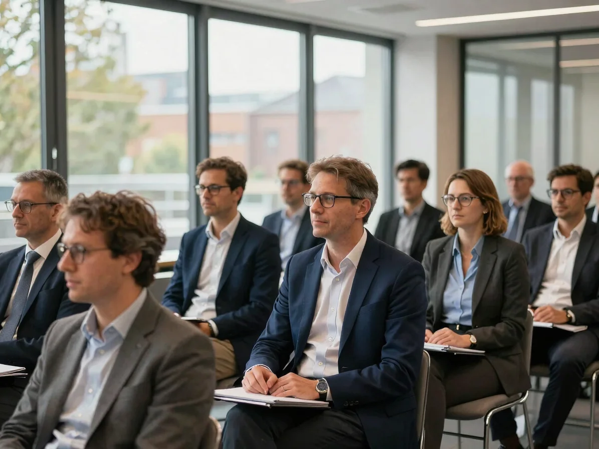 Authentische Netzwerksituation bei einer Konferenz mit Geschäftsleuten im modernen Business-Center in der Rhein-Ruhr-Reg