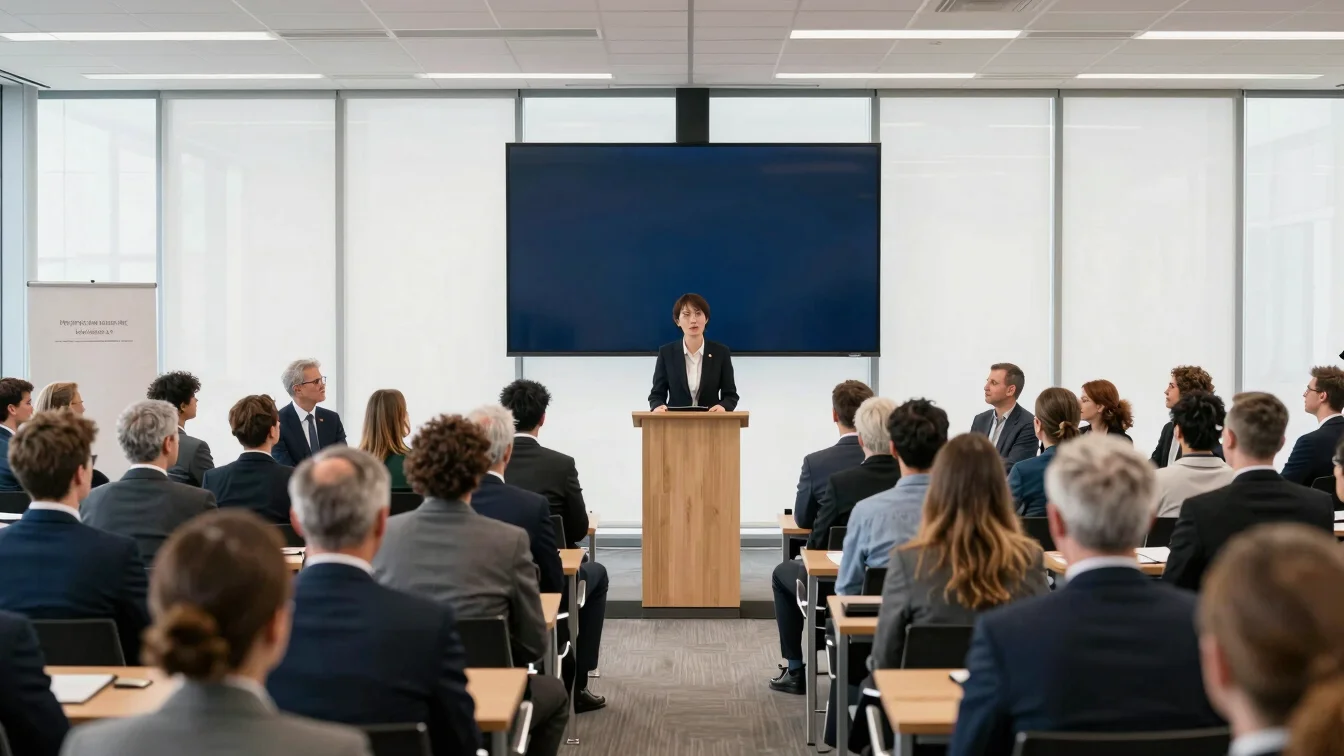 Editorial business photography, soft natural daylight, corporate conference hall in the Ruhr region with attentive entre