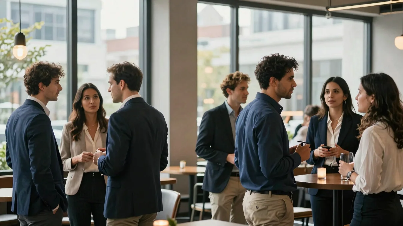 Editorial business photography, soft natural daylight, diverse professionals networking at an evening reception in a mod