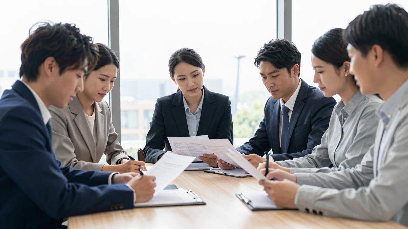 Editorial business photography, soft natural daylight, focused business team collaborating around a table with documents