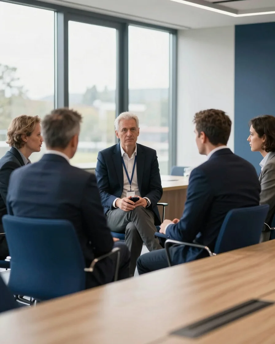 Professional business leaders engaged in conversation in a modern