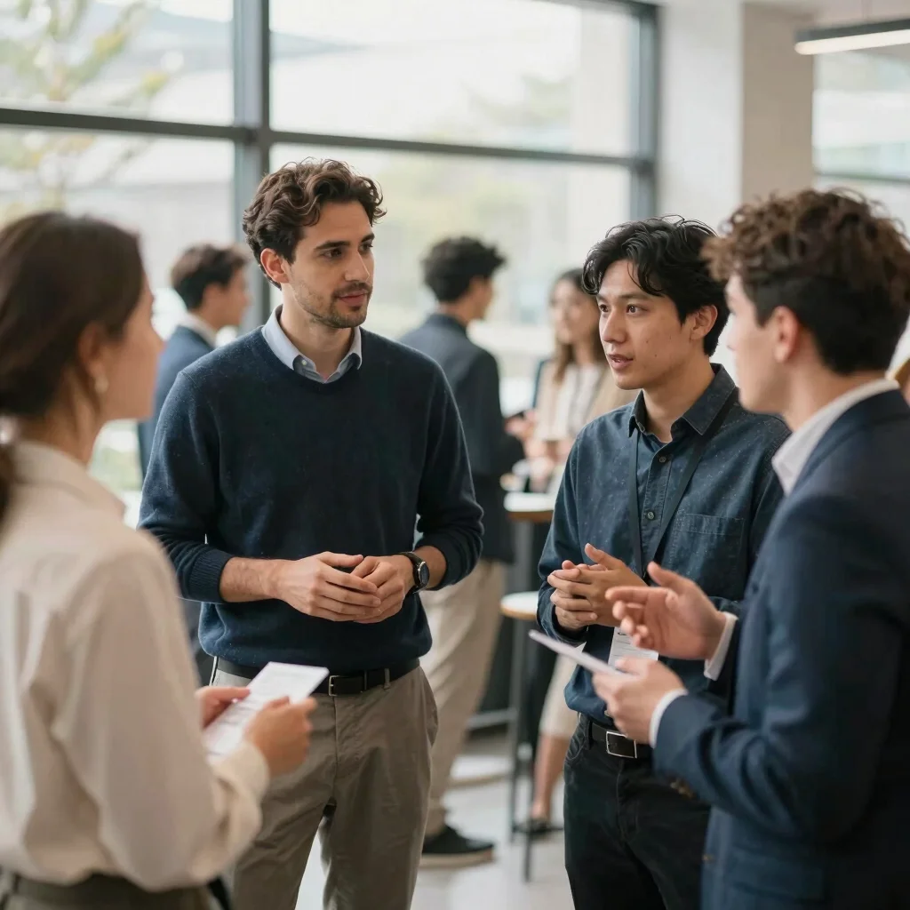 Editorial business photography, soft natural daylight, entrepreneurs engaged in an animated discussion during a networki
