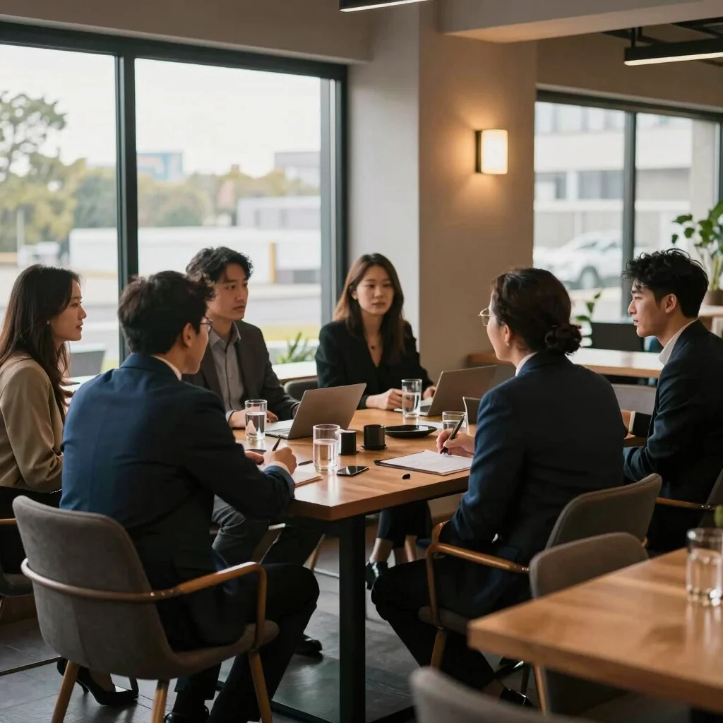 Editorial business photography, soft natural daylight, relaxed atmosphere at an evening business gathering with warm amb