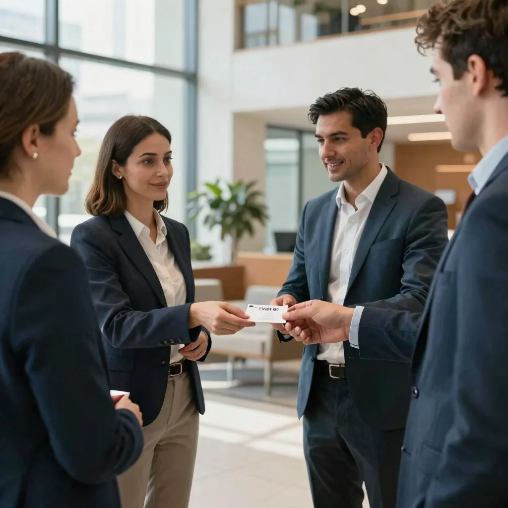 Editorial business photography, soft natural daylight, professionals exchanging business cards in a contemporary corpora