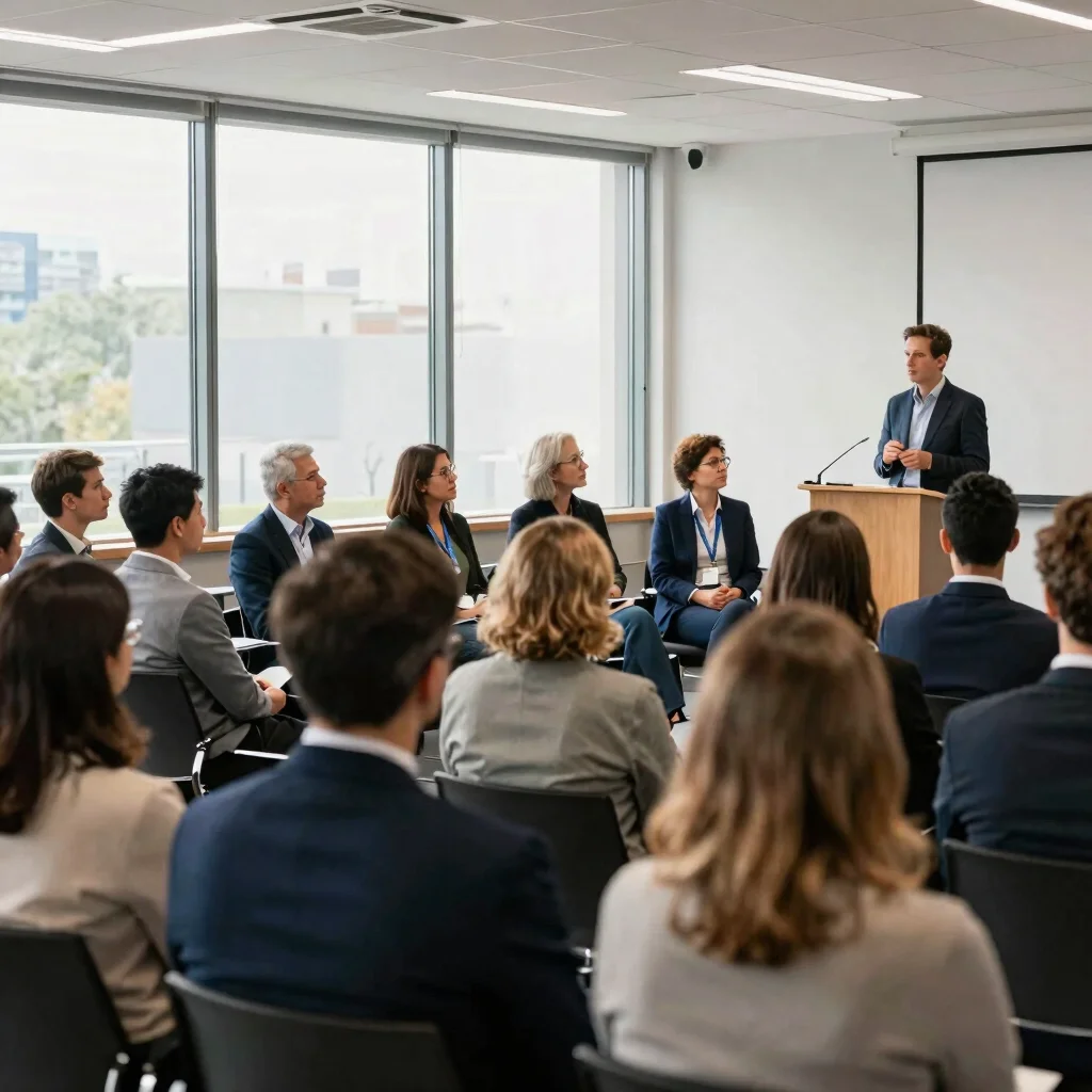 Editorial business photography, soft natural daylight, audience members listening intently during a keynote presentation