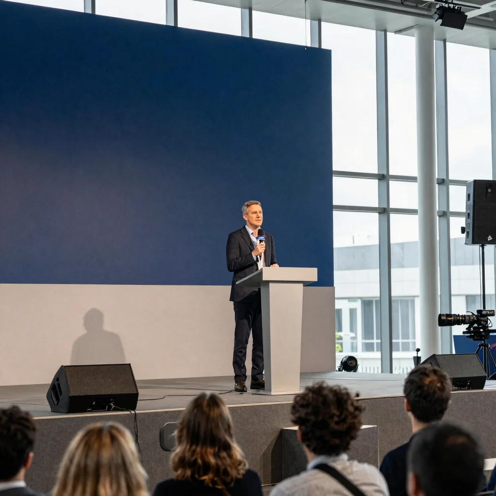 Editorial business photography, soft natural daylight, medium format lens capturing a speaker on a modern conference sta